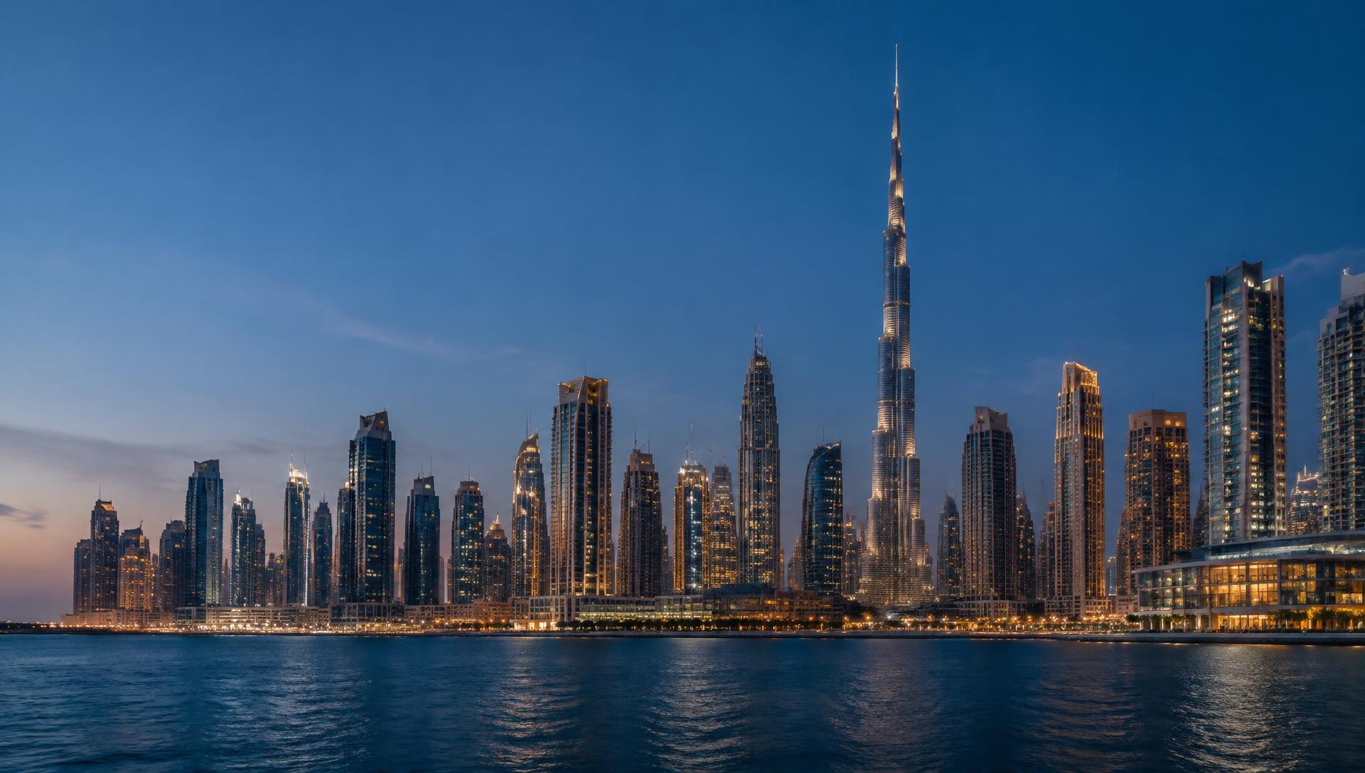 Dubai skyline and Burj Khalifa overlooking the waterfront at dusk